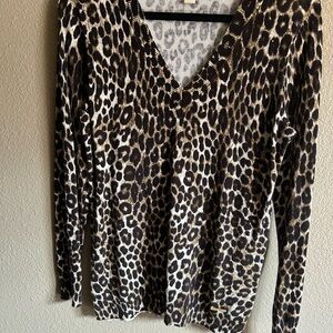 Michael Kors 
Leopard Print V-Neck Sweater in Brown, Black & Cream